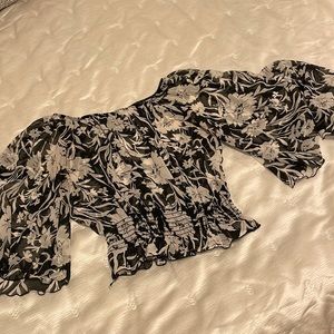 Floral black and white Sheer bikini cover up or cropped shirt